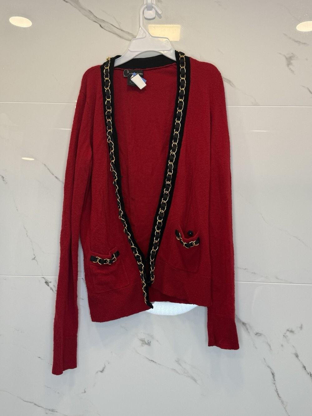 C by Bloomingdales Cardigan Red Cashmere Wool Gold Chain Old Money Size S